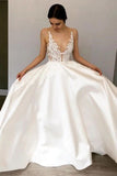 Deep V-Neck Floor-Length Satin Wedding Dress with Lace Appliques HZ0509