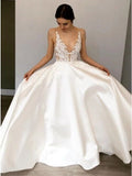 Deep V-Neck Floor-Length Satin Wedding Dress with Lace Appliques HZ0509