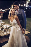 Spaghetti Straps Backless Sweep Train Boho Wedding Dress with Appliques HZ0509