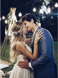 Spaghetti Straps Backless Sweep Train Boho Wedding Dress with Appliques HZ0509