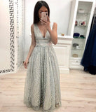 Line V Neck Lace Prom Dresses, Cheap Long Evening Dress HZ0509