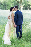 Illusion Neck Beading Long Gold Wedding Dress with Sheer Back, Long Prom Dresses HZ0509