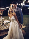 Spaghetti Straps Backless Sweep Train Boho Wedding Dress with Appliques HZ0509