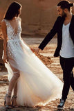 A-Line Deep V-Neck Sweep Train Wedding Dress with Appliques Split HZ0509