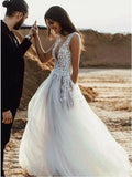 A-Line Deep V-Neck Sweep Train Wedding Dress with Appliques Split HZ0509