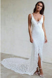 V-Neck Backless Court Train Lace Wedding Dress with Split HZ0509