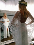 V-Neck Backless Wraps Lace Beach Wedding Dress with Split HZ0509