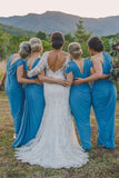 V-Neck Cold Shoulder Floor-Length Blue Ruched Bridesmaid Dress HZ0509