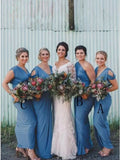 V-Neck Cold Shoulder Floor-Length Blue Ruched Bridesmaid Dress HZ0509