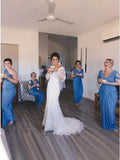 V-Neck Cold Shoulder Floor-Length Blue Ruched Bridesmaid Dress HZ0509