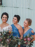 V-Neck Cold Shoulder Floor-Length Blue Ruched Bridesmaid Dress HZ0509