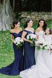Off-the-Shoulder Sweep Train Dark Blue Satin Bridesmaid Dress HZ0509