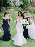 Off-the-Shoulder Sweep Train Dark Blue Satin Bridesmaid Dress HZ0509