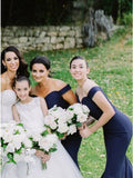 Off-the-Shoulder Sweep Train Dark Blue Satin Bridesmaid Dress HZ0509