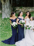 Off-the-Shoulder Sweep Train Dark Blue Satin Bridesmaid Dress HZ0509