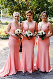 V-Neck Sweep Train Pink Satin Simple Bridesmaid Dress HZ0509