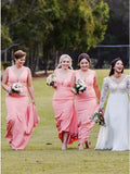 V-Neck Sweep Train Pink Satin Simple Bridesmaid Dress HZ0509