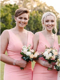 V-Neck Sweep Train Pink Satin Simple Bridesmaid Dress HZ0509