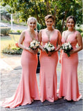 V-Neck Sweep Train Pink Satin Simple Bridesmaid Dress HZ0509