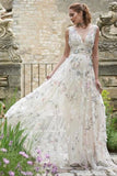 Line V Neck Lace Appliques Long Off White Prom Dresses Evening Dresses HZ0509