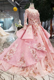 Arrival Pink Prom Dresses Long Sleeves Ball Gown High Neck Quinceanera HZ0509