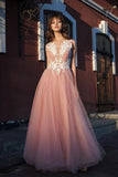 Bateau Pink Tulle Long Prom Dresses Applique Formal Gowns HZ0509