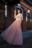 Bateau Pink Tulle Long Prom Dresses Applique Formal Gowns HZ0509