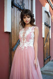 Bateau Pink Tulle Long Prom Dresses Applique Formal Gowns HZ0509