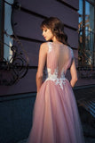 Bateau Pink Tulle Long Prom Dresses Applique Formal Gowns HZ0509