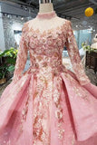 Arrival Pink Prom Dresses Long Sleeves Ball Gown High Neck Quinceanera HZ0509
