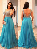 V-neck Sleeveless Beading Chiffon Ice Blue Plus Size Dresses HZ0509