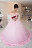 Gown Off shoulder Pink Tulle Flowers Wedding Dresses,Pink Quinceanera Dresses HZ0509