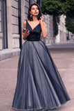 V Neck Sleeveless Spaghetti Straps Navy Blue Ball Gown Prom Dress HZ0509