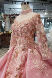 Arrival Pink Prom Dresses Long Sleeves Ball Gown High Neck Quinceanera HZ0509