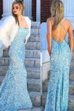 Sky Blue Sequins Long Prom Dress Cheap Evening Dresses HZ0509