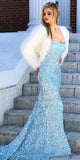 Sky Blue Sequins Long Prom Dress Cheap Evening Dresses HZ0509