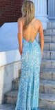 Sky Blue Sequins Long Prom Dress Cheap Evening Dresses HZ0509