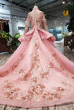 Arrival Pink Prom Dresses Long Sleeves Ball Gown High Neck Quinceanera HZ0509