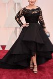 Bateau Long Sleeves Black Lace Asymmetrical Plus Size Prom Dresses HZ0509
