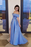 Unique A line Blue Off the Shoulder Sweetheart High Slit Satin Long Prom Dresses HZ0509