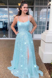 Straps Sky Blue Prom Dress Wit Slit Sparkly A Line Formal Dress HZ0509