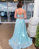 Straps Sky Blue Prom Dress Wit Slit Sparkly A Line Formal Dress HZ0509