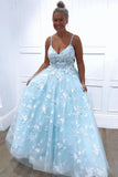 Straps Sky Blue Floral Appliques Long Prom Dresses Evening Dresses HZ0509