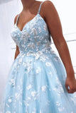 Straps Sky Blue Floral Appliques Long Prom Dresses Evening Dresses HZ0509