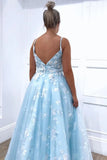 Straps Sky Blue Floral Appliques Long Prom Dresses Evening Dresses HZ0509