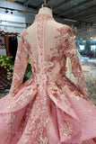 Arrival Pink Prom Dresses Long Sleeves Ball Gown High Neck Quinceanera HZ0509