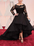 Bateau Long Sleeves Black Lace Asymmetrical Plus Size Prom Dresses HZ0509
