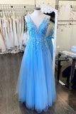 V Neck Blue Long Prom Dresses Applique Tulle Evening Dresses HZ0509