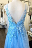 V Neck Blue Long Prom Dresses Applique Tulle Evening Dresses HZ0509