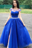 Cap Sleeves Royal Blue Long Prom Dresses Beaded Evening Dresses HZ0509